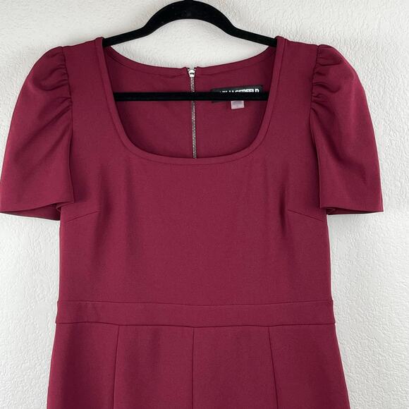 Karl Lagerfeld Crepe Square Neck Short Sleeve Pleated Mini Dress Maroon 10 NWT - Picture 5 of 13